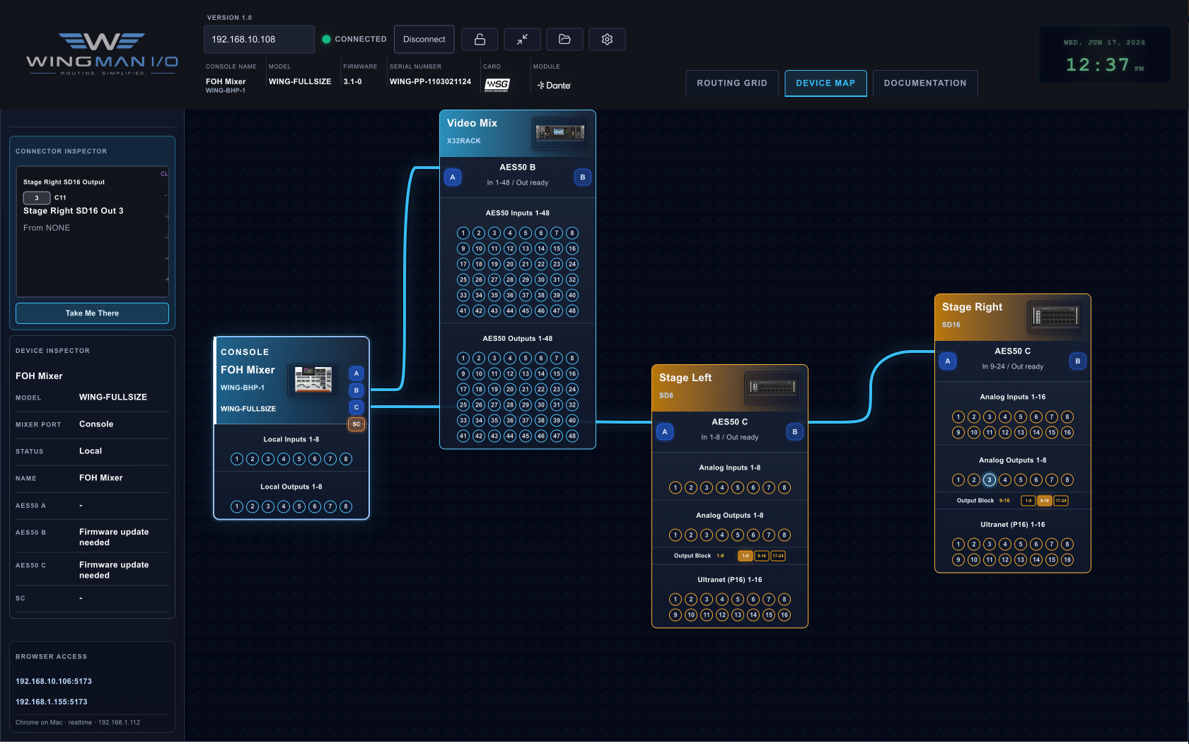 WingMan I/O Device Map screenshot showing AES50 topology and connected stage boxes