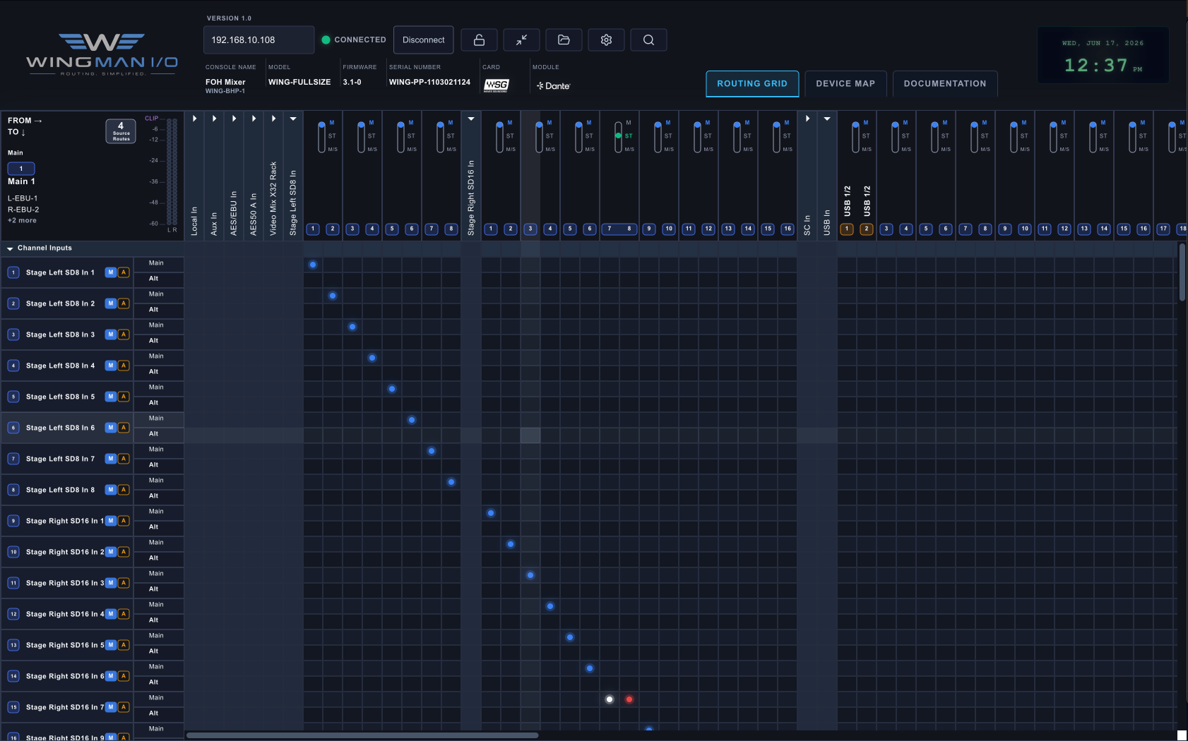 WingMan I/O Matrix Grid screenshot showing a visual routing matrix